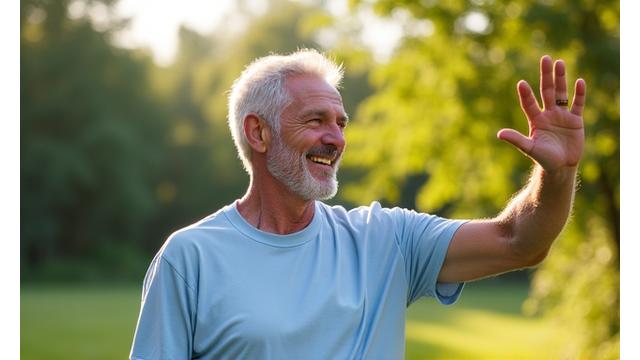 Un hombre mayor sonriendo y haciendo ejercicios ligeros al aire libre, representando la importancia del ejercicio diario para adultos.