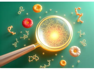 Ilustración de una lupa con elementos microscópicos y alimentos flotando alrededor, simbolizando la ciencia de la nutrición.