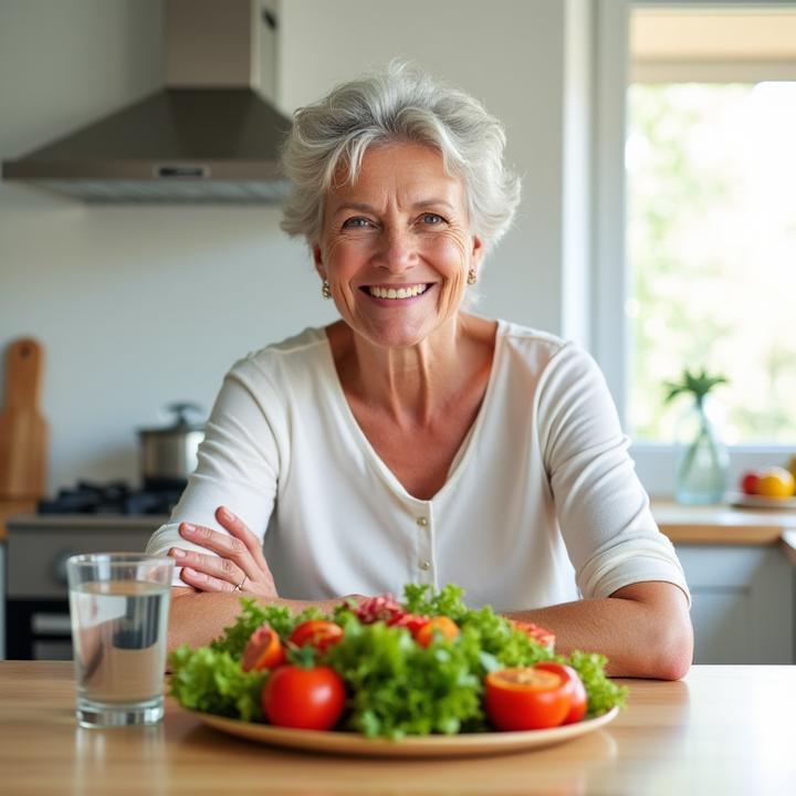 Mujer adulta sonriente comiendo una ensalada fresca y colorida en una cocina luminosa, simbolizando nutrición y bienestar.