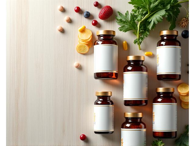 Varias botellas de suplementos y vitaminas con ingredientes naturales al fondo, sobre una superficie de madera clara, simbolizando una guía informada para suplementación.