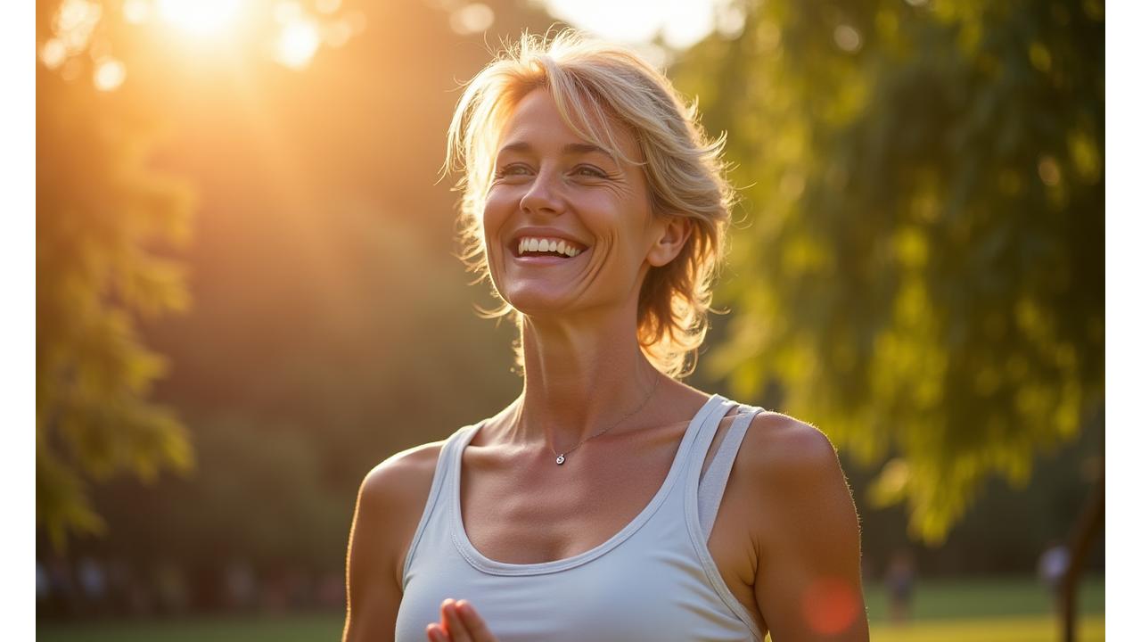 Mujer adulta sonriendo y haciendo ejercicio al aire libre, representando vitalidad y bienestar en Madrid