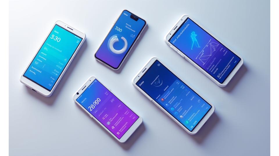 Varias pantallas de smartphones mostrando diferentes aplicaciones de salud y bienestar.
