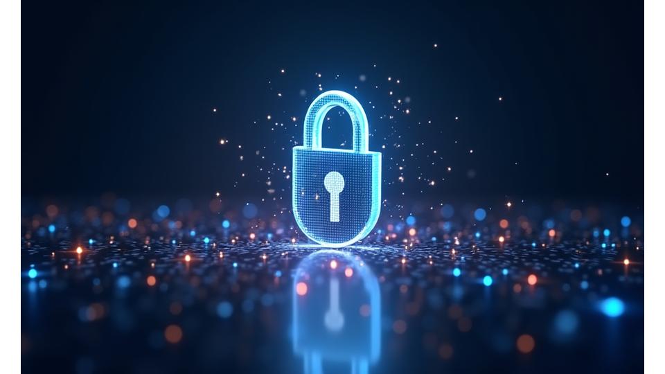 Icono de candado digital y un escudo protector sobre una red de datos, simbolizando la seguridad de la información.