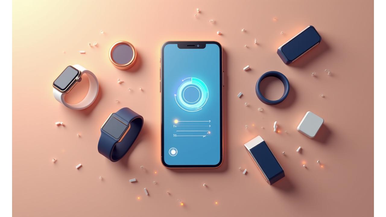 Un smartphone con una interfaz de quiz interactivo y resultados de recomendaciones de dispositivos de salud, rodeado de objetos tecnológicos.