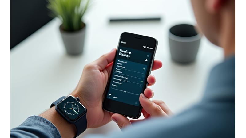 Una persona configurando un dispositivo wearable en su smartphone, con iconos de apps y ajustes.