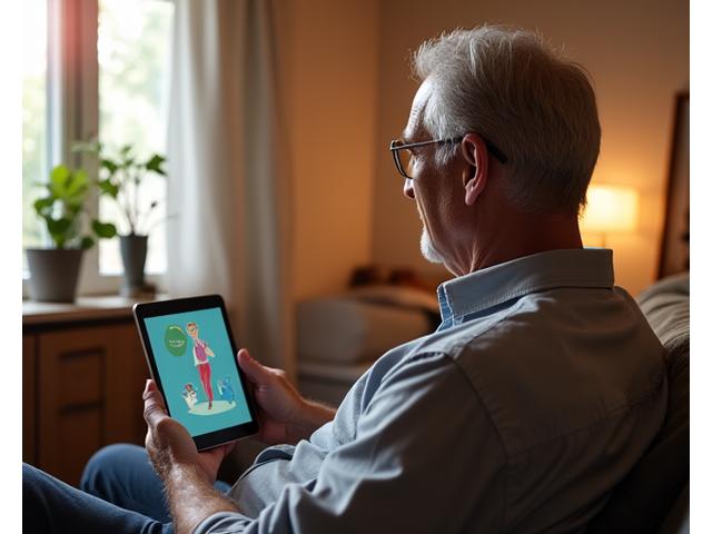 Hombre mayor usando una tablet para seguir una rutina de ejercicio suave en casa.