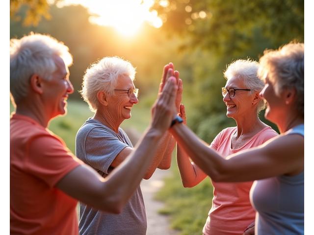 Grupo de adultos sonriendo y celebrando juntos después de completar un reto de fitness, con medallas y trofeos pixelados como overlay.