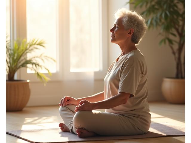 Persona adulta meditando tranquilamente en una colchoneta de yoga, con un ambiente de paz y relajación.