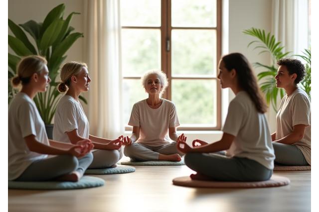 Grupo de personas adultas, de diversas edades, practicando meditación mindfulness de forma tranquila en un entorno moderno y luminoso. Se observa una atmósfera de serenidad.